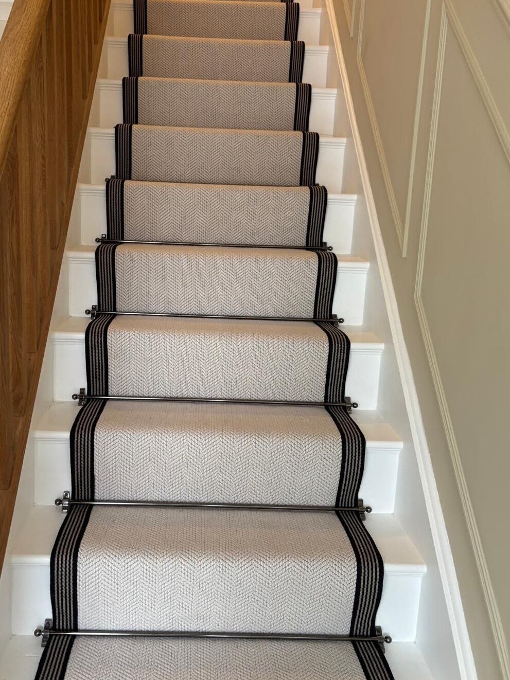 Chartwell Fibre Wool Herringbone stairs with pewter stair rods